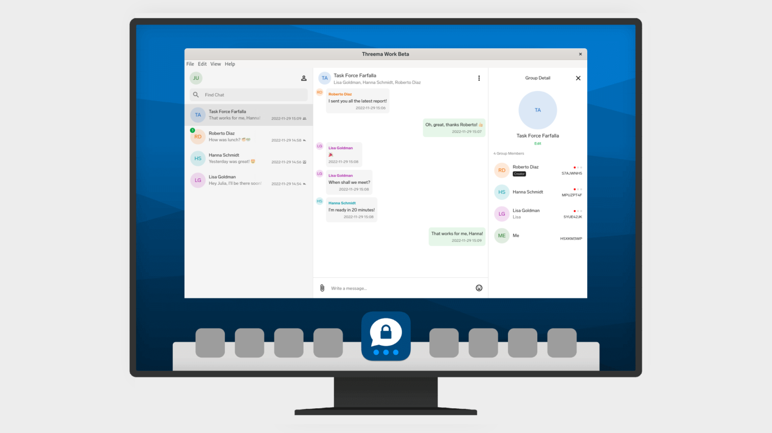 Monitor displaying Threema Work Beta business chat interface on blue desktop background